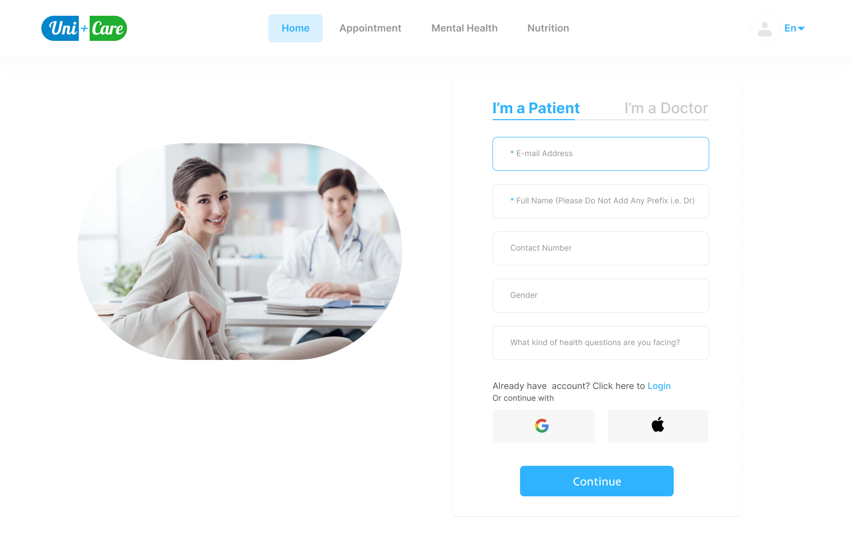 UniCare — Patient registration screen