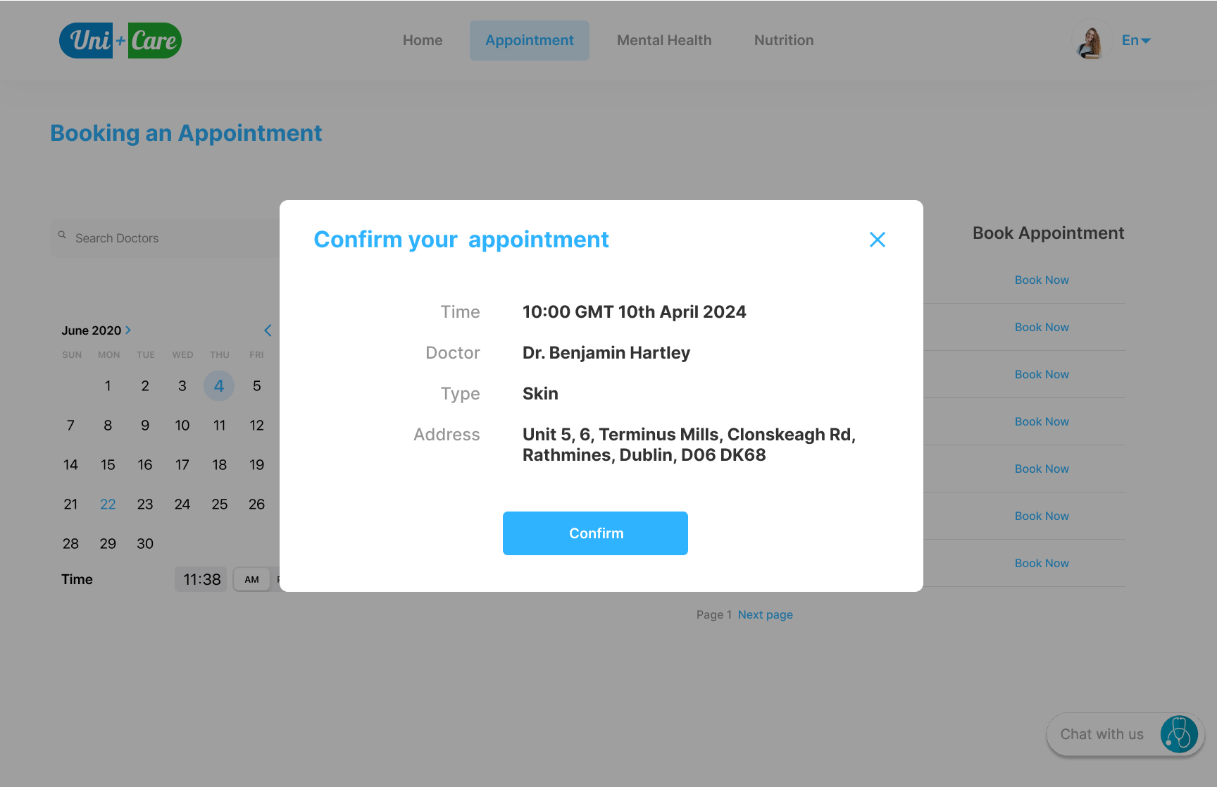 UniCare — Appointment confirmation modal