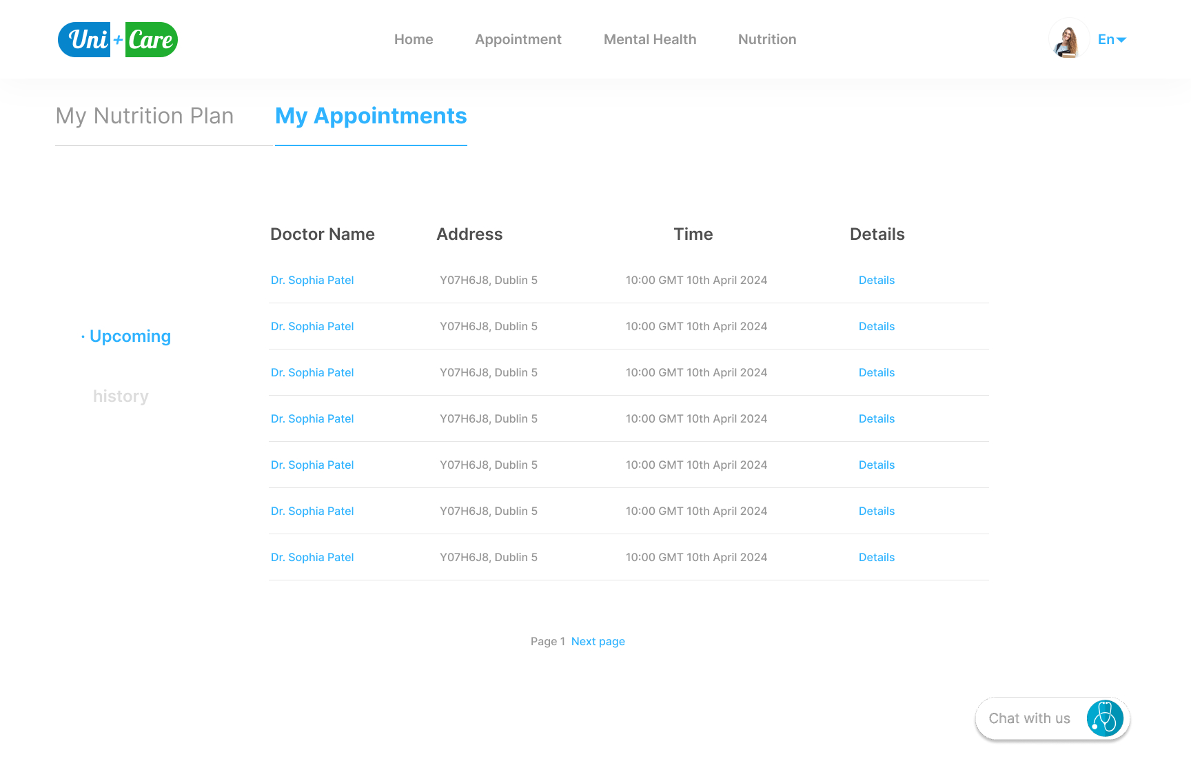 UniCare — My appointments list