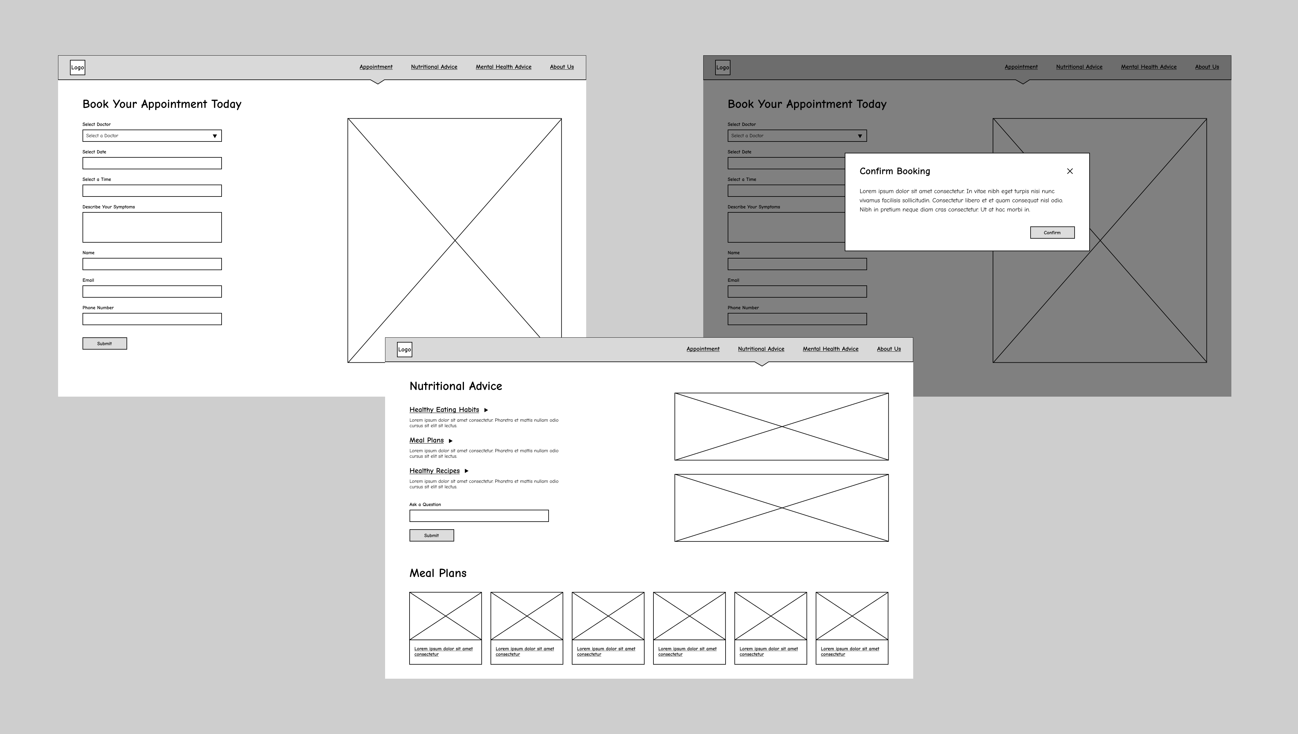 Lo-fi wireframes — appointment booking and confirmation flow