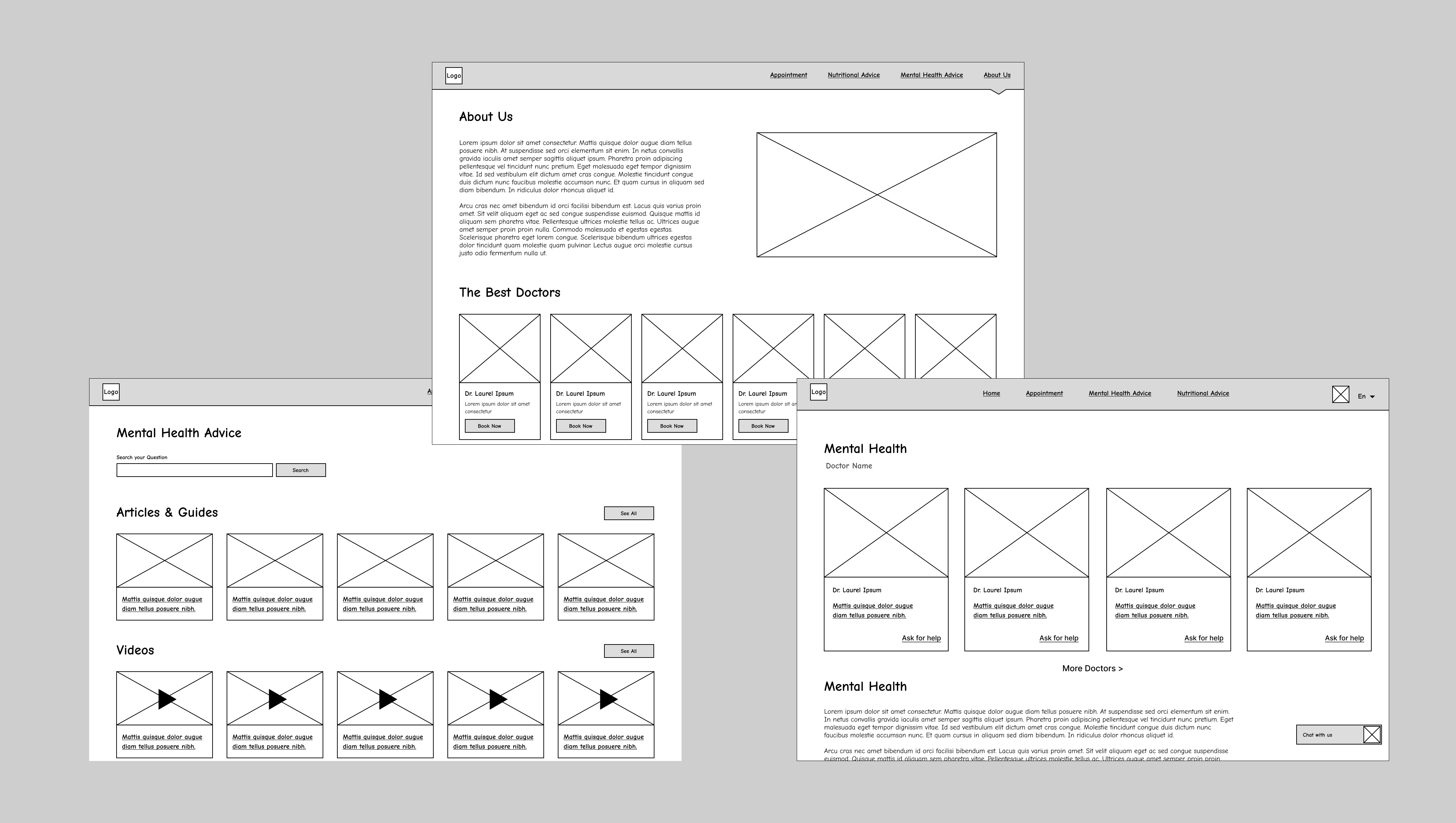 Lo-fi wireframes — about us, mental health advice, and doctor listings